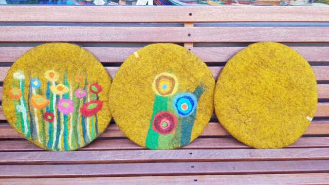Handfelted Seat Cushion With Flowers & Grass, Gold - image 1