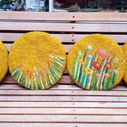 Handfelted Seat Cushion With Flowers & Grass, Gold - thumbnail 2