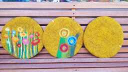 Handfelted Seat Cushion With Flowers & Grass, Gold