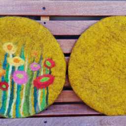 Handfelted Seat Cushion With Flowers & Grass, Gold - thumbnail 4