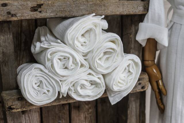 White Waffle Linen Bath Towel, White Stonewashed Sauna Pattern Washed Travel Vegan Beach Towel - image 1