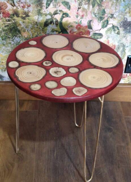 Handmade Red Table - Resin Side Table- Wood Slices & Gold Hairpin Legs - image 1