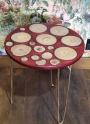 Handmade Red Table - Resin Side Table- Wood Slices & Gold Hairpin Legs - thumbnail 1