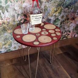 Handmade Red Table - Resin Side Table- Wood Slices & Gold Hairpin Legs - thumbnail 2