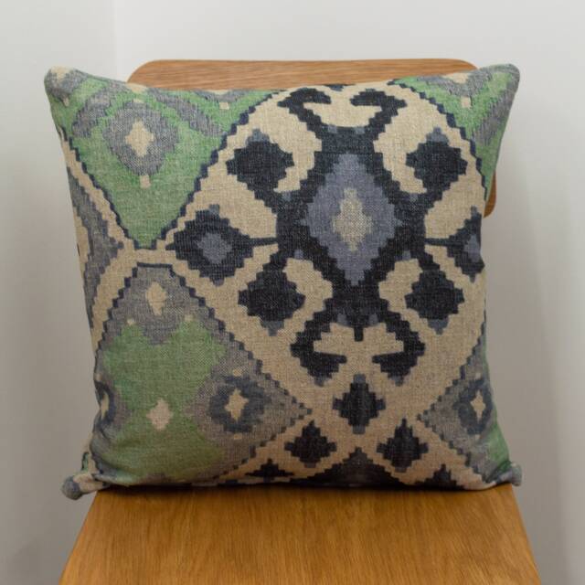 "Jade Green & Blue Kilim Turkish Style Printed Cushion. 17x17""" - image 1