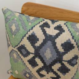 "Jade Green & Blue Kilim Turkish Style Printed Cushion. 17x17""" - thumbnail 2