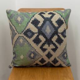 "Jade Green & Blue Kilim Turkish Style Printed Cushion. 17x17""" - thumbnail 1