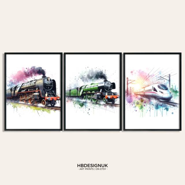 Train Print Set - 3 Watercolour Posters - Boys Bedroom Artwork Locomotive Wall Art Prints Room Decor Steam Trains Pictures - image 1