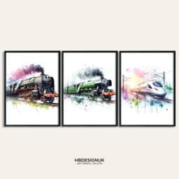 Train Print Set - 3 Watercolour Posters - Boys Bedroom Artwork Locomotive Wall Art Prints Room Decor Steam Trains Pictures - thumbnail 1