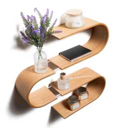 Floating Wall Mounted Shelf From Wood, Decorative Geometric Wooden Shelves, Unique Oak Hanging Display, Walnut Rack - thumbnail 1