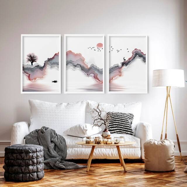 Sunrise Trendy Watercolour Art Print, Living Room Home Decor, Boho Decor Bedroom Framed Wall Set X 3, Calming Poster, Relaxing Gift - image 1