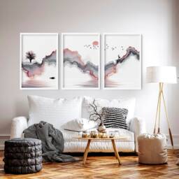 Sunrise Trendy Watercolour Art Print, Living Room Home Decor, Boho Decor Bedroom Framed Wall Set X 3, Calming Poster, Relaxing Gift - thumbnail 1