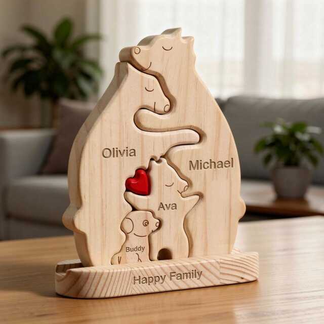 Wooden Bear Puzzle With Dog, Custom Dog Keepsake, Personalized Family Present, Lover Ornament, New Addition, Puppy, Decor - image 1