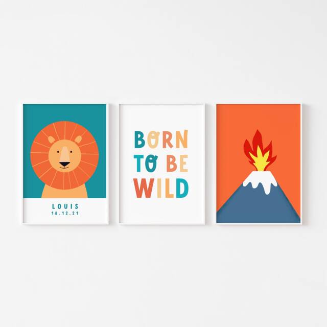Lion & Volcano Nursery Print Set Personalized Kids Wall Art - image 1