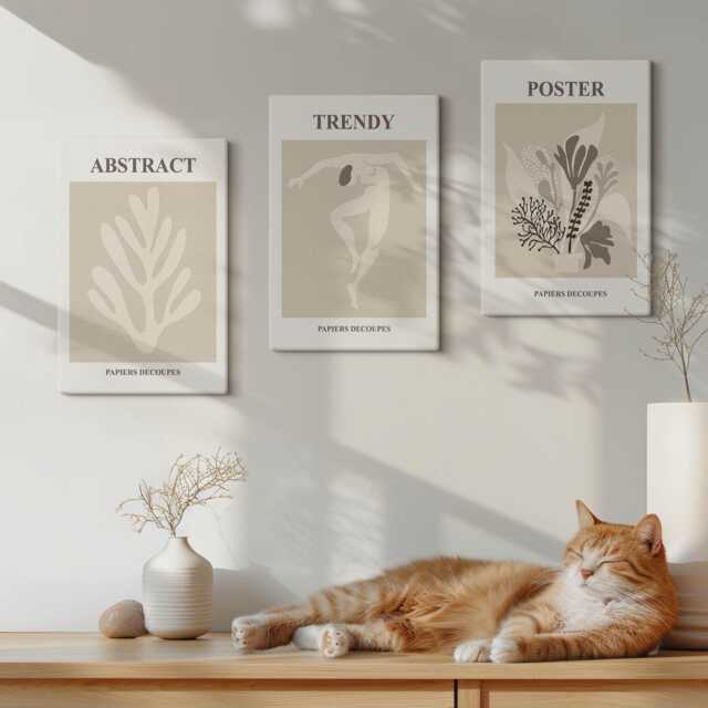 Canvas Art Set Of 3 - Plant Patterns in Shades Beige & Brown, Wall Art, Abstract Decor - image 1
