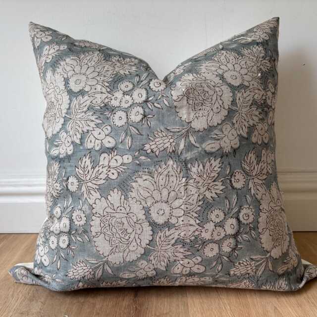 Hand Block Printed Pillow Cover - Designer-Inspired Floral Linen Neutral Earth Tones Boho Modern Decor Euro Sham Blue Floral Pillow - image 1