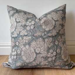 Hand Block Printed Pillow Cover - Designer-Inspired Floral Linen Neutral Earth Tones Boho Modern Decor Euro Sham Blue Floral Pillow - thumbnail 1
