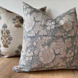 Hand Block Printed Pillow Cover - Designer-Inspired Floral Linen Neutral Earth Tones Boho Modern Decor Euro Sham Blue Floral Pillow - thumbnail 2