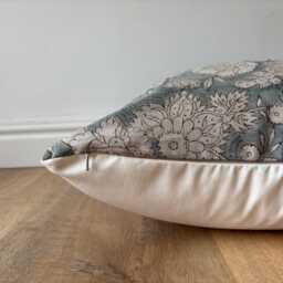 Hand Block Printed Pillow Cover - Designer-Inspired Floral Linen Neutral Earth Tones Boho Modern Decor Euro Sham Blue Floral Pillow - thumbnail 3