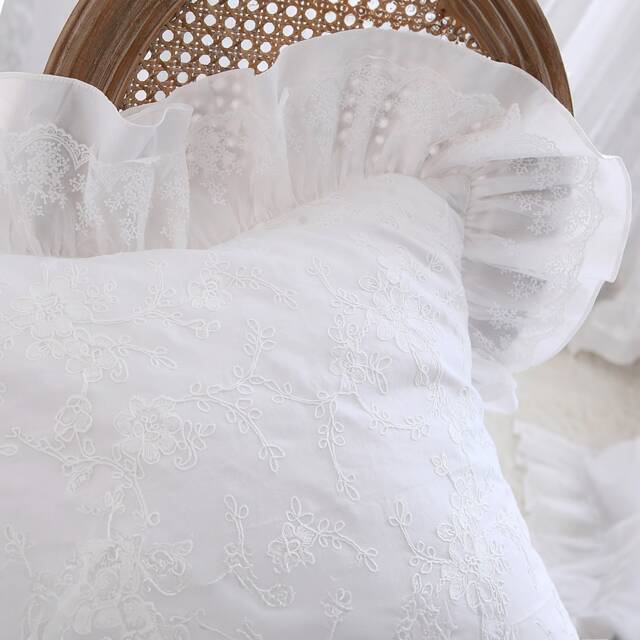 White Cotton Embroidered Pillow Cover Floral Lace Ruffle Cushion Cover, Farmhouse Decor - image 1
