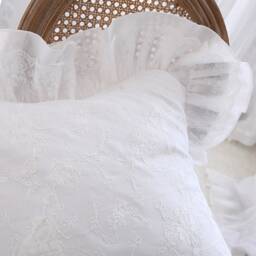 White Cotton Embroidered Pillow Cover Floral Lace Ruffle Cushion Cover, Farmhouse Decor - thumbnail 1