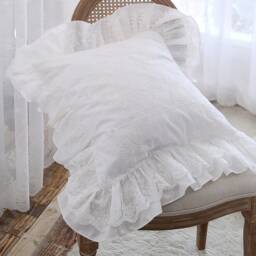 White Cotton Embroidered Pillow Cover Floral Lace Ruffle Cushion Cover, Farmhouse Decor - thumbnail 2