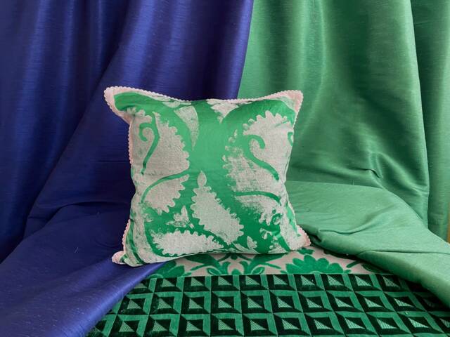 "Emerald Green Silk Pillow Cover Designers Guild Bohemian Cushion - 18""x 18" - image 1