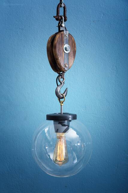 Handmade Industrial Pulley Pendant Lamp - Steampunk Glass Globe Light 100% in Greece - image 1