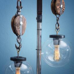 Handmade Industrial Pulley Pendant Lamp - Steampunk Glass Globe Light 100% in Greece - thumbnail 2
