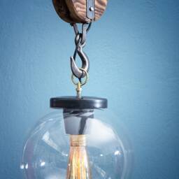 Handmade Industrial Pulley Pendant Lamp - Steampunk Glass Globe Light 100% in Greece - thumbnail 3
