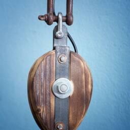 Handmade Industrial Pulley Pendant Lamp - Steampunk Glass Globe Light 100% in Greece - thumbnail 4