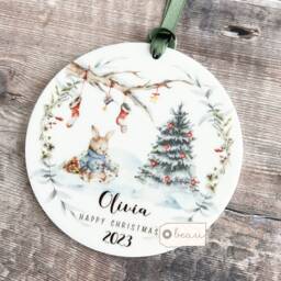 Personalised Happy Christmas Woodland Scene Rabbit Tree Acrylic Or Ceramic Round Ornament Keepsake Decoration Child Boy Girl Gift - thumbnail 2