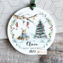 Personalised Happy Christmas Woodland Scene Rabbit Tree Acrylic Or Ceramic Round Ornament Keepsake Decoration Child Boy Girl Gift - thumbnail 1