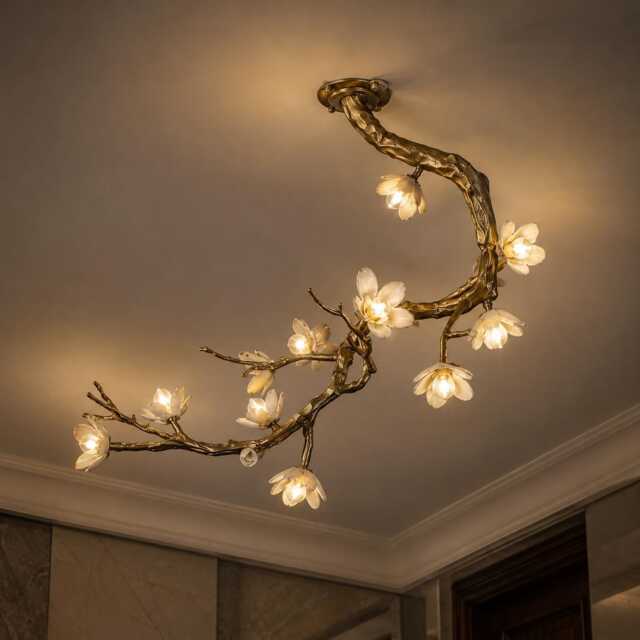 Handmade Wrought Iron Cherry Blossom Tree Branch Chandelier - Antique Brass Floral Ceiling Light - image 1
