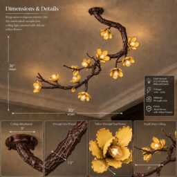 Handmade Wrought Iron Cherry Blossom Tree Branch Chandelier - Antique Brass Floral Ceiling Light - thumbnail 4