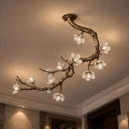 Handmade Wrought Iron Cherry Blossom Tree Branch Chandelier - Antique Brass Floral Ceiling Light - thumbnail 3