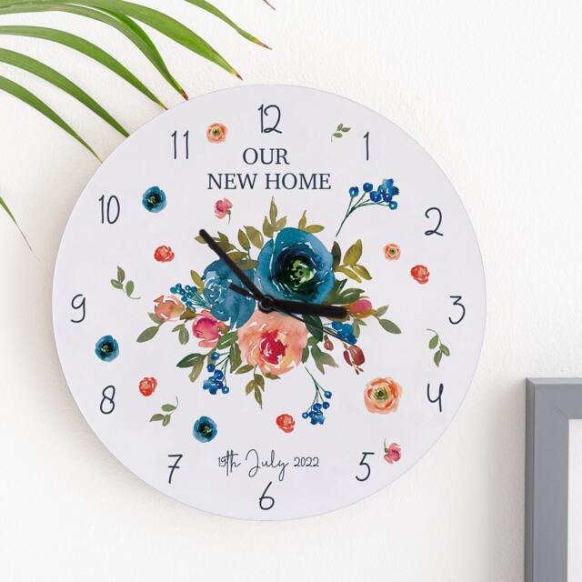 Peach & Navy Roses Personalised New Home Clock - Family Gift Illustrated Acrylic Wall - image 1