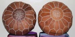 Moroccan Leather Pouf Set Of 2 Handmade Floor Ottoman Footstool, Natural Color - thumbnail 1