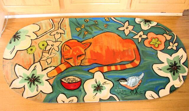 Floorcloth Painted Rug Kitchen Mat Orange Cat Flowers Bird Funky Floor Custom Order - image 1