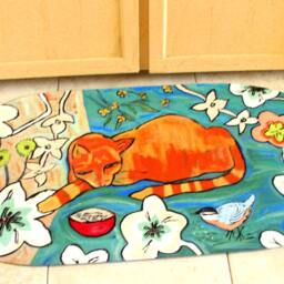 Floorcloth Painted Rug Kitchen Mat Orange Cat Flowers Bird Funky Floor Custom Order - thumbnail 3
