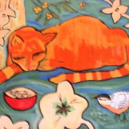 Floorcloth Painted Rug Kitchen Mat Orange Cat Flowers Bird Funky Floor Custom Order - thumbnail 2