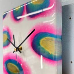 White Pink Turquoise & Gold Abstract Resin Wall Clock, Long Modern Unusual Home Decor, Luxury Clocks - thumbnail 4