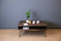 Rustic Wood Coffee Table With Hairpin Legs & Storage