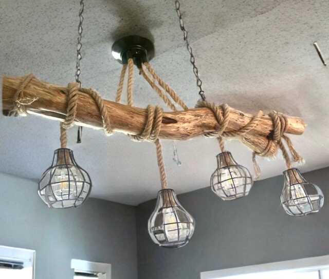 Driftwood Rustic Ceiling Rope Pendant Light, 5 Edison Bulb Holders Made Into Natural Beam Chandelier, Handmade Wood Sourced From Scotland - image 1