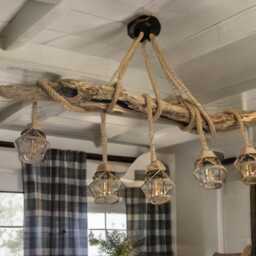 Driftwood Rustic Ceiling Rope Pendant Light, 5 Edison Bulb Holders Made Into Natural Beam Chandelier, Handmade Wood Sourced From Scotland - thumbnail 2