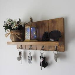 Rustic Waxed Pine Wood Key Holder With Shelf/Entryway Rack Kitchen Organizer - thumbnail 4