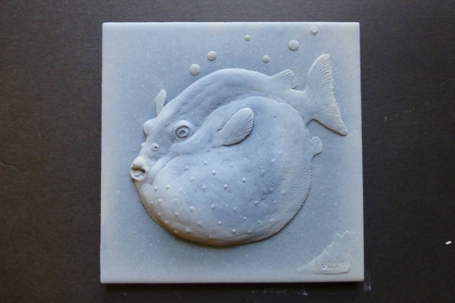 Puffer Fish Concrete Bas Relief Tile, Small Sculpture - image 1
