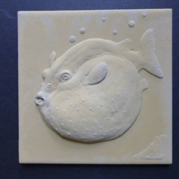 Puffer Fish Concrete Bas Relief Tile, Small Sculpture - thumbnail 2