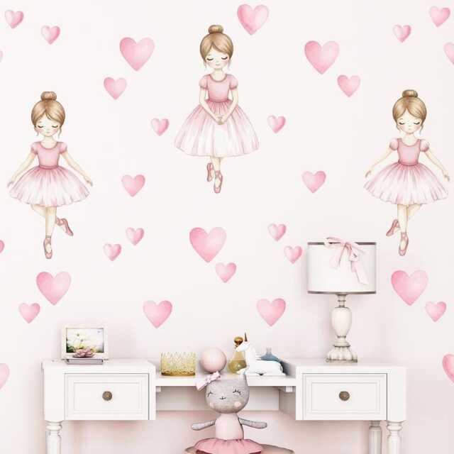 Ballerina Wall Stickers Pink Hearts, Ballet Nursery Decor - image 1
