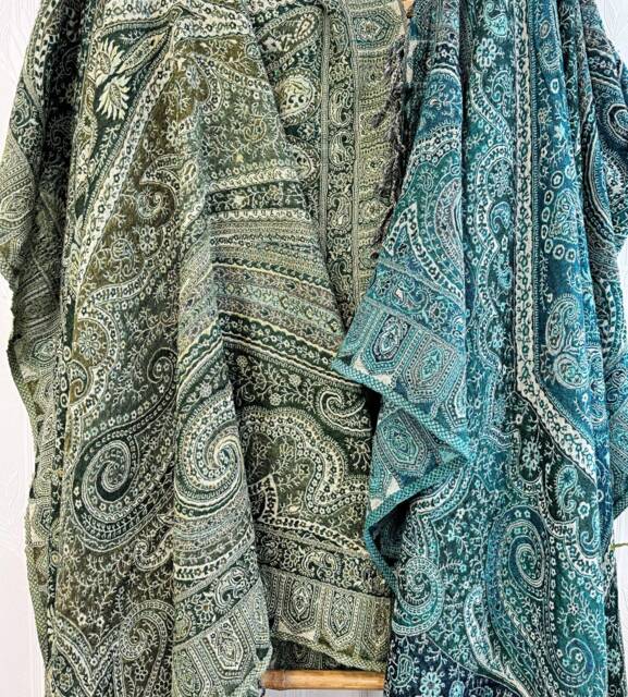 Merino Boiled Pure Wool Handmade Sofa/Bed Hygge Lounge Warm Cosy Paisley Persian Elegant Jamavar Throw Vibrant Colours Rich Green Teal Cream - image 1